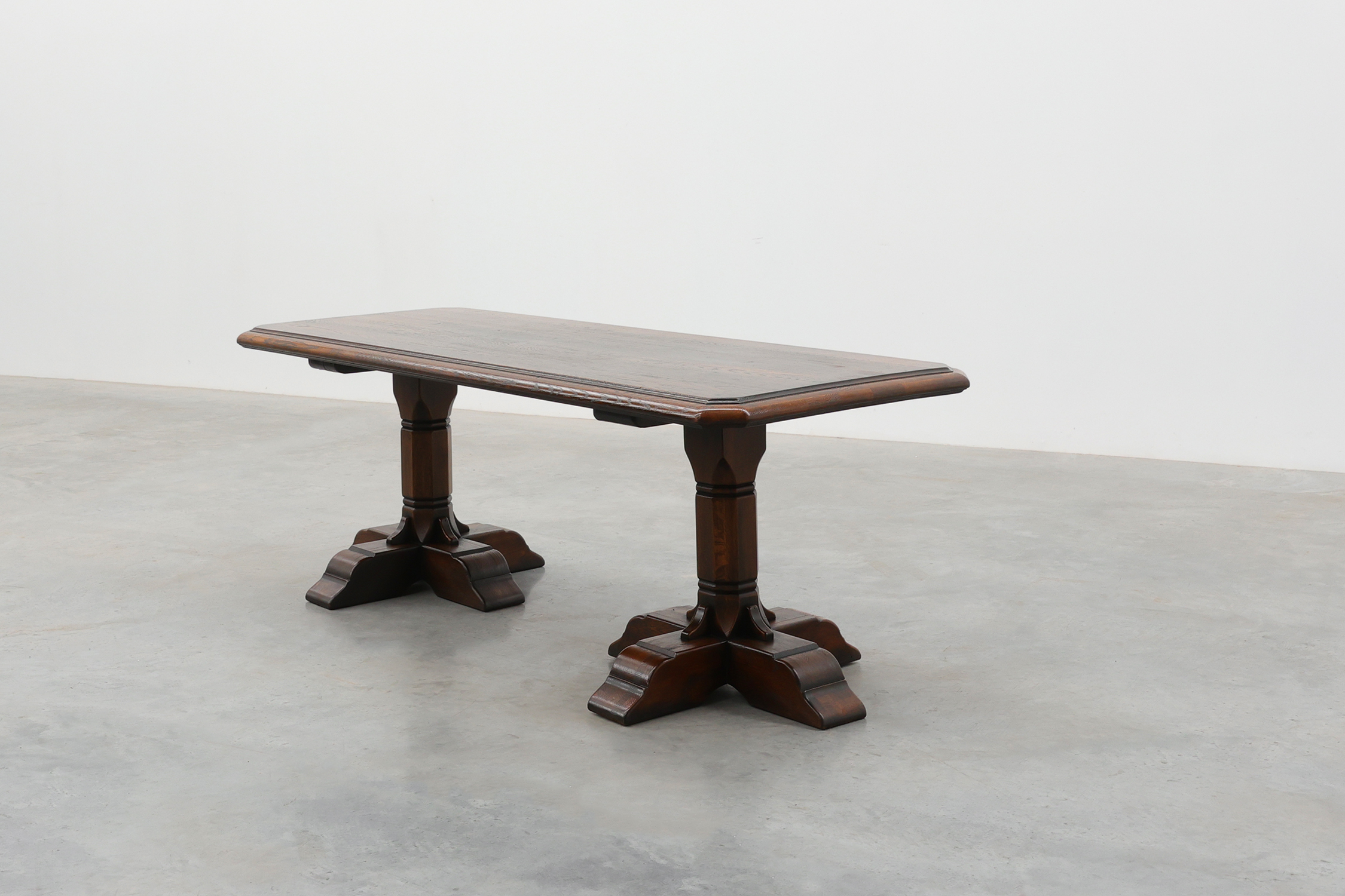 French Refectory Style Oak Dining Table with Turned Double Pedestal Base, 20th Centurythumbnail
